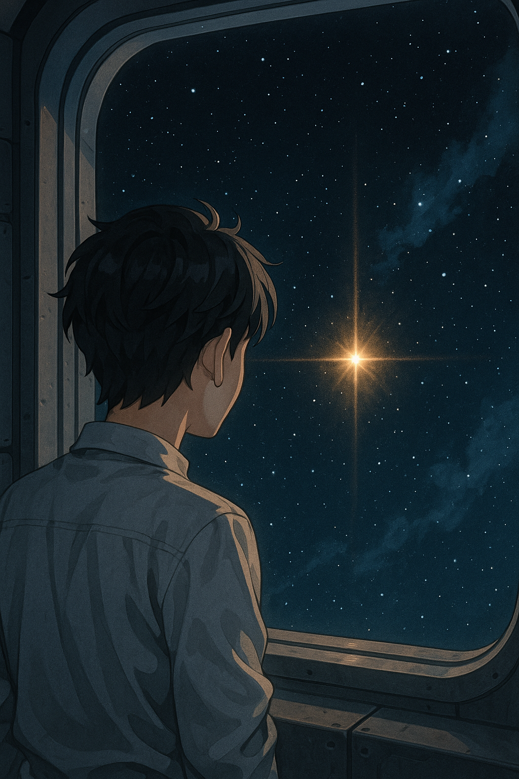 宇宙船の窓の外を見つめる青年と微かな光