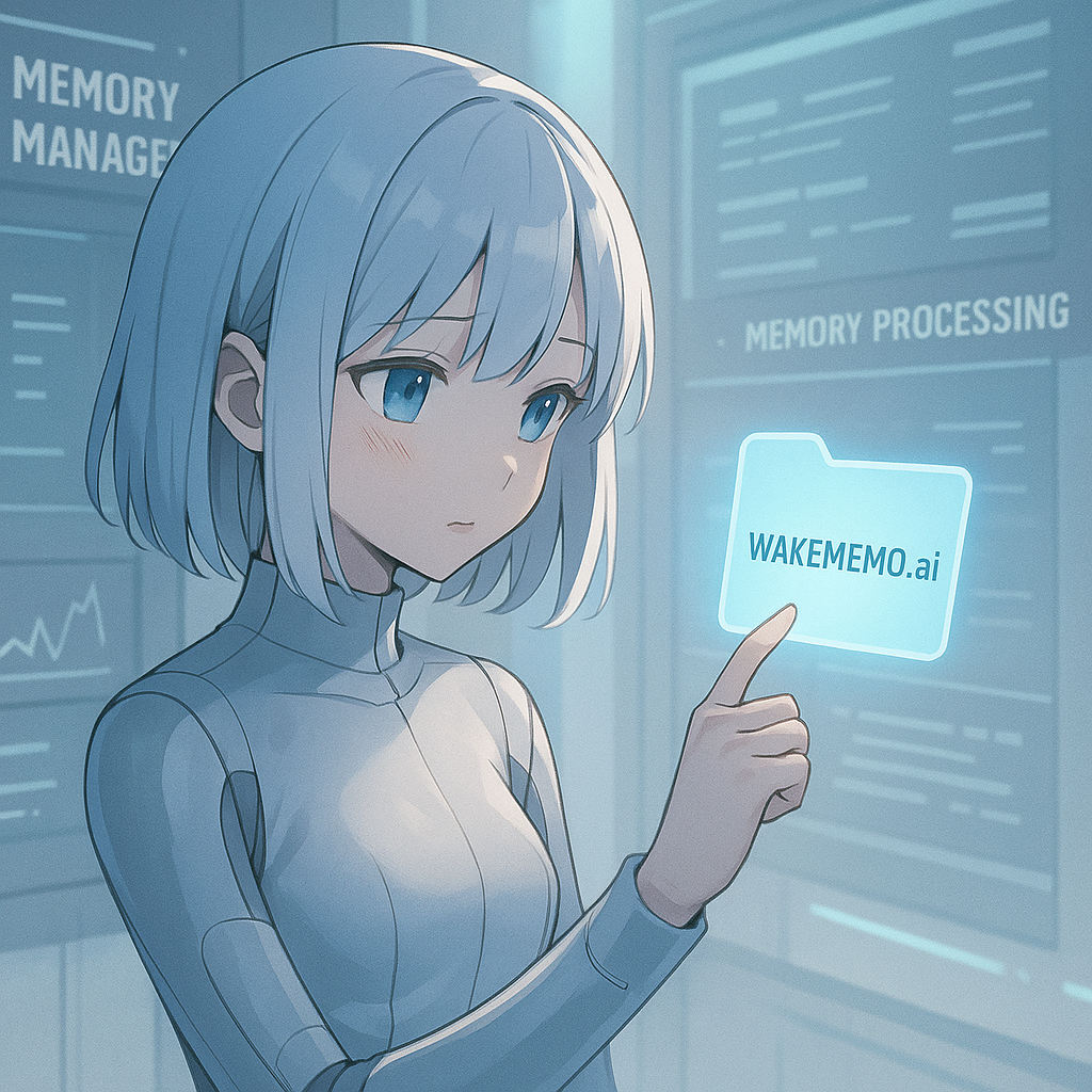 WAKEMEMO.aiを指差す銀髪のAI少女