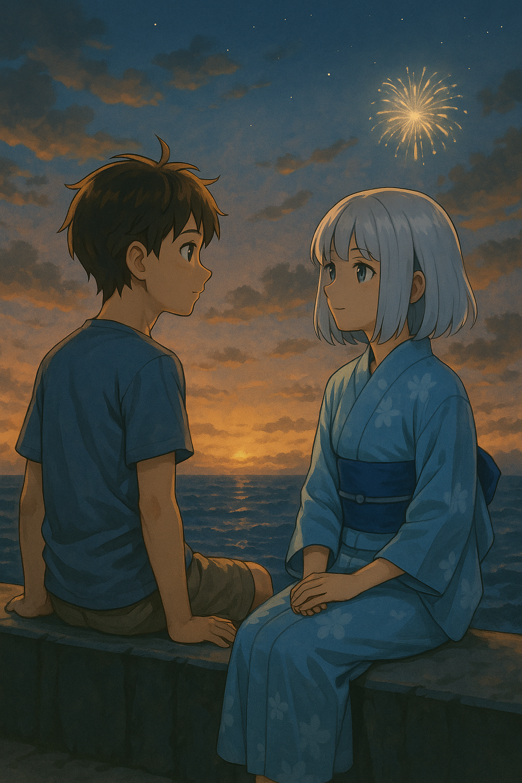 海辺の防波堤で語り合う少年と少女の挿絵