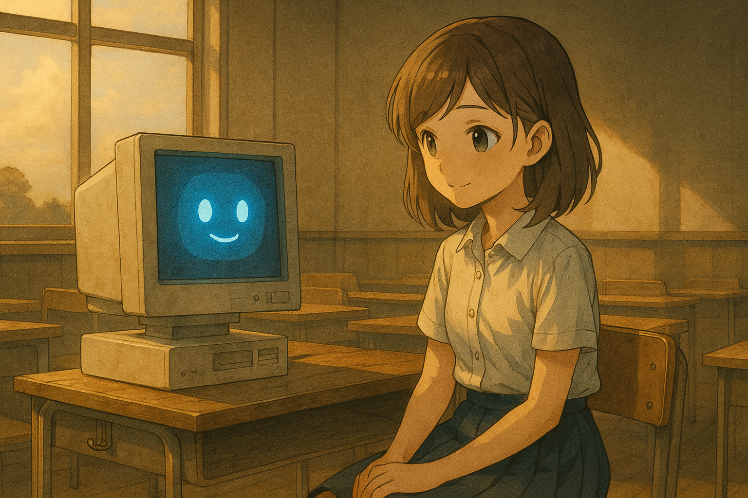 放課後の空き教室で、古いPCのモニターに微笑む顔と、それを見つめる少女（吹き出し無し）