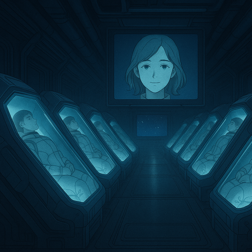 宇宙船の通路に並ぶメカニカルなスリープカプセルと、天井モニターに映るやさしいAIの顔の挿絵