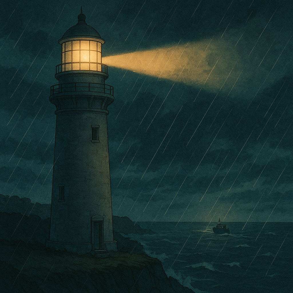 嵐の夜、断崖の上の灯台が暖かな光で海を照らす